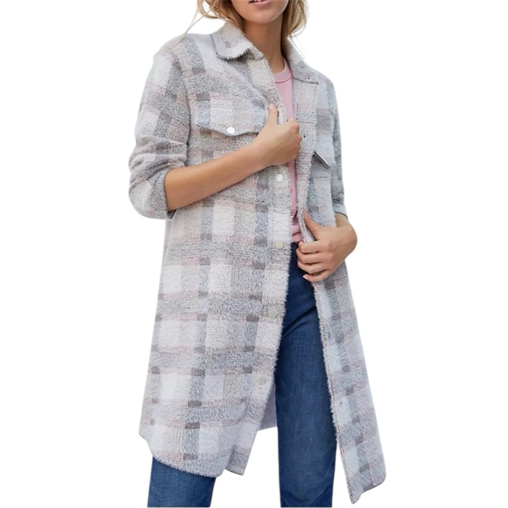 Anthropologie Pilcro Eliza Eyelash Plaid Grey Pattern Sweater Jacket